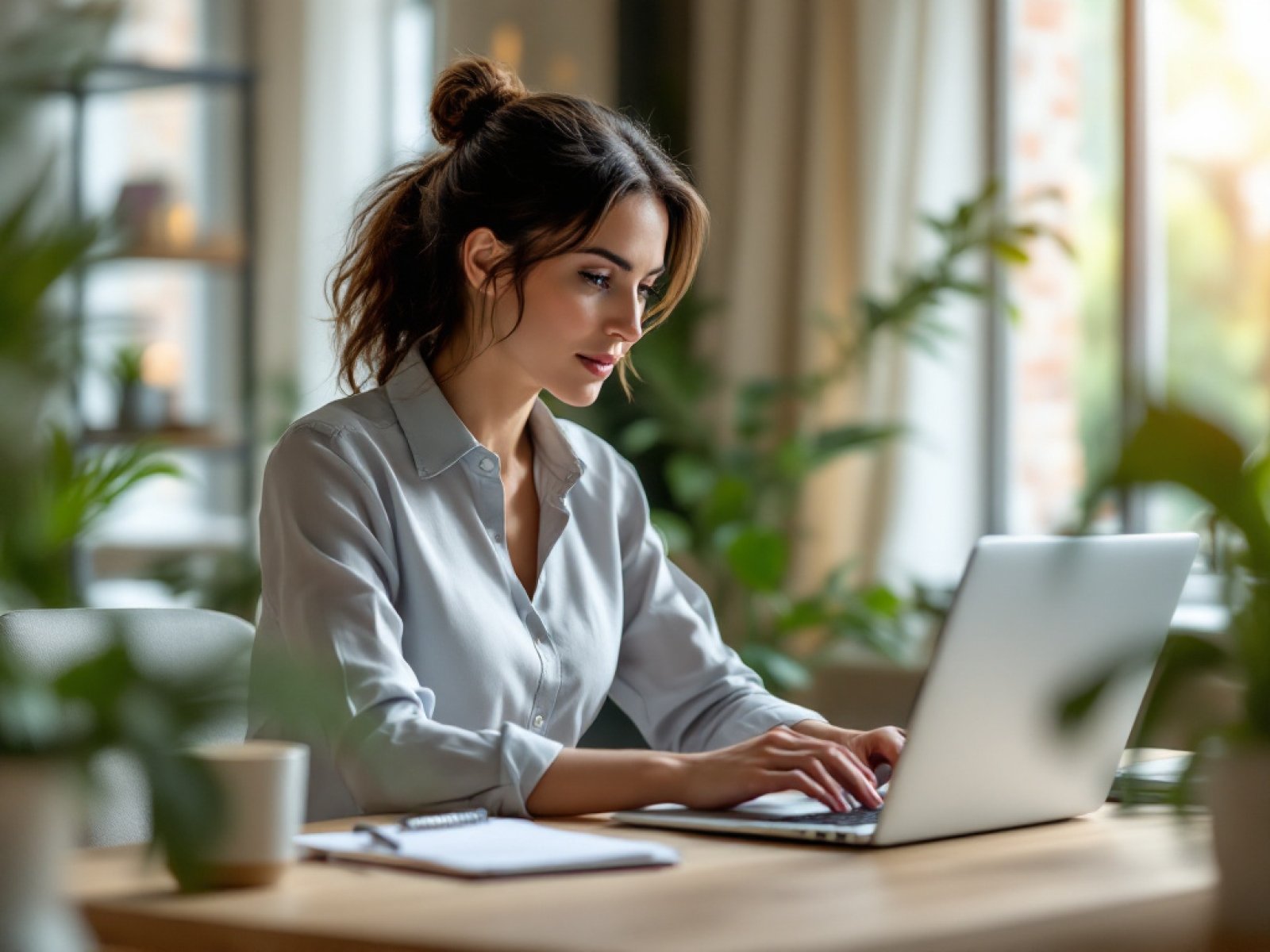 Unternehmerin stellt einer KI eine Testfrage am Laptop