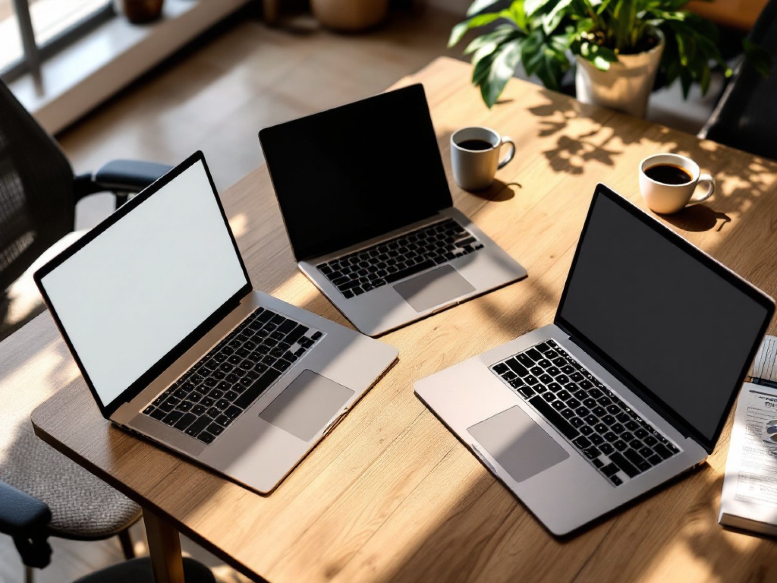 Drei Laptops nebeneinander für den Vergleich mehrerer KI-Engines
