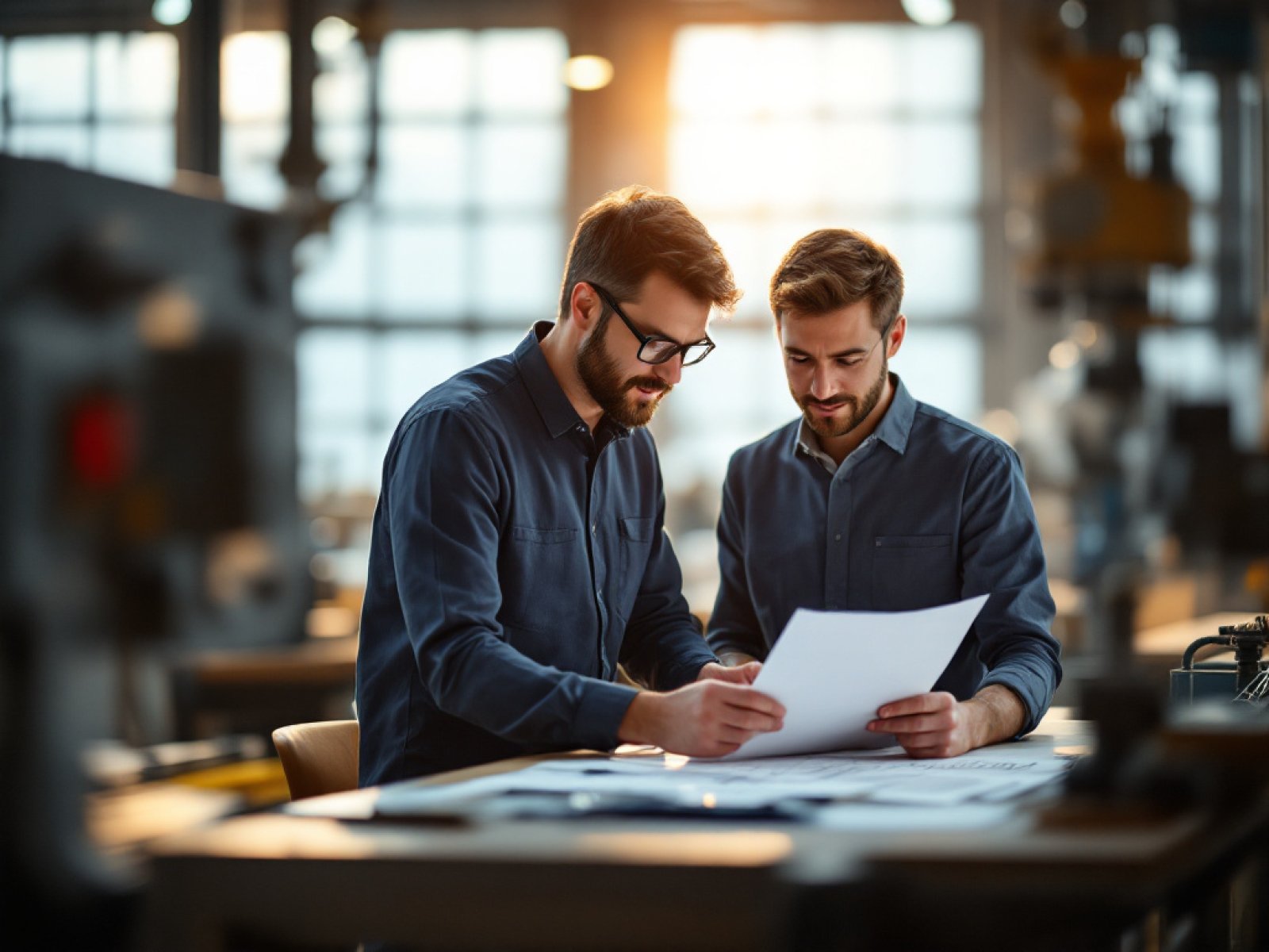Zwei Kollegen im Handwerksbetrieb besprechen eine technische Zeichnung
