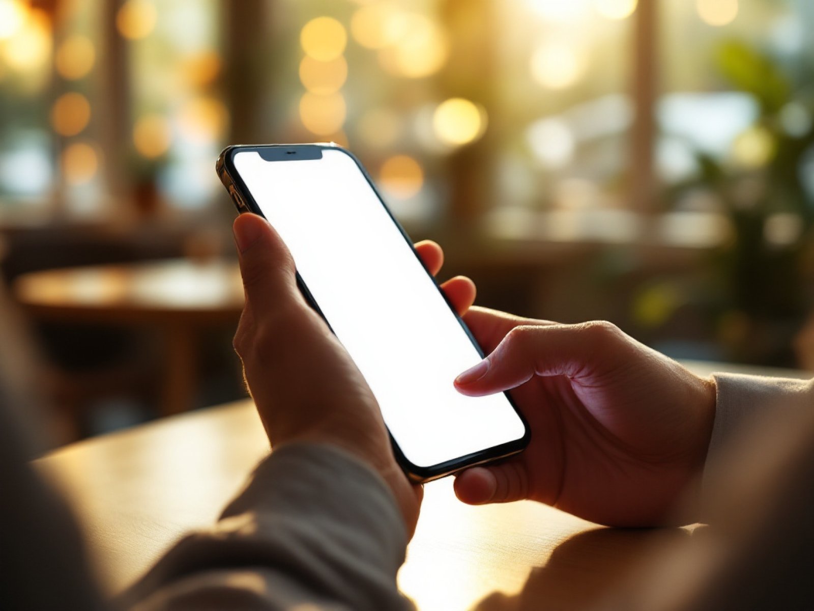Person schreibt am Smartphone eine Bewertung im Café