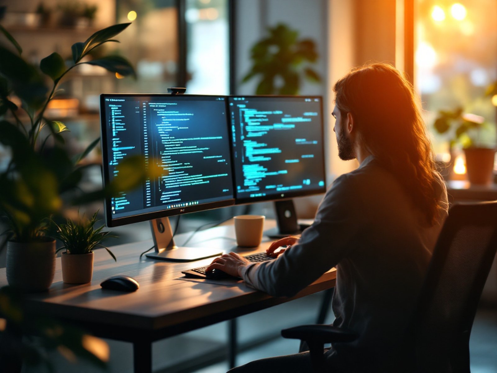 Entwickler am Doppelmonitor baut strukturierte Daten in eine Website ein