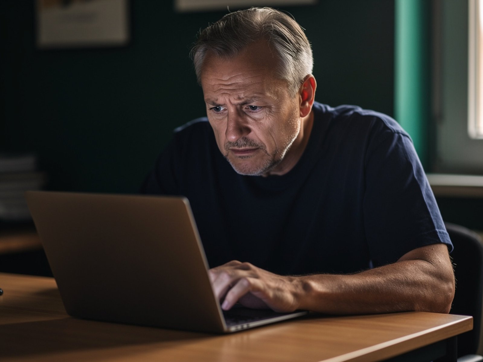Geschaeftsfuehrer sucht am Laptop nach dem eigenen Unternehmen