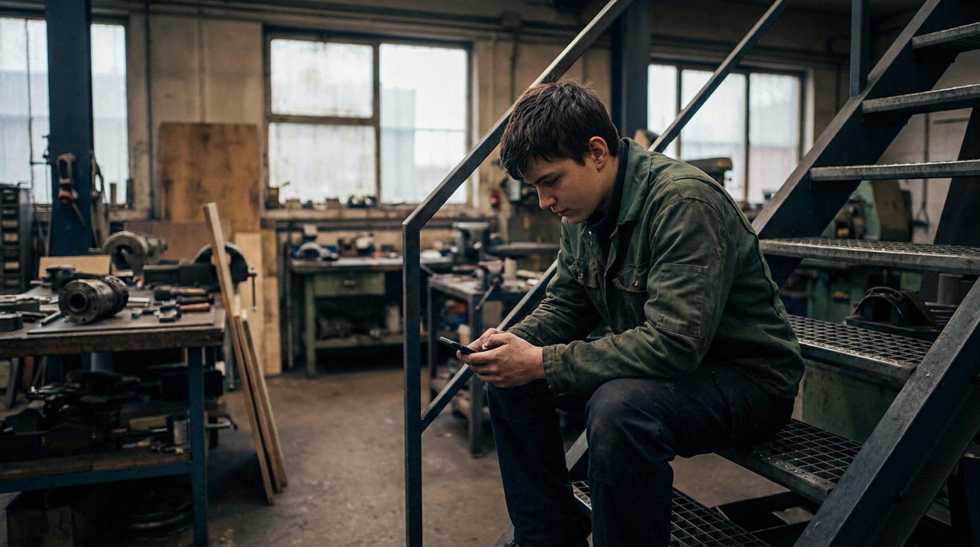 Junger Handwerker sucht am Smartphone nach einem Arbeitgeber