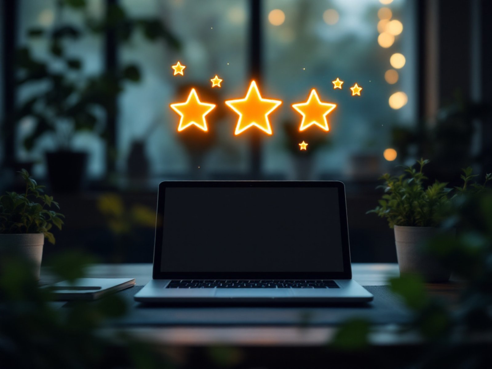 Leuchtende Sternebewertungen ueber Laptop