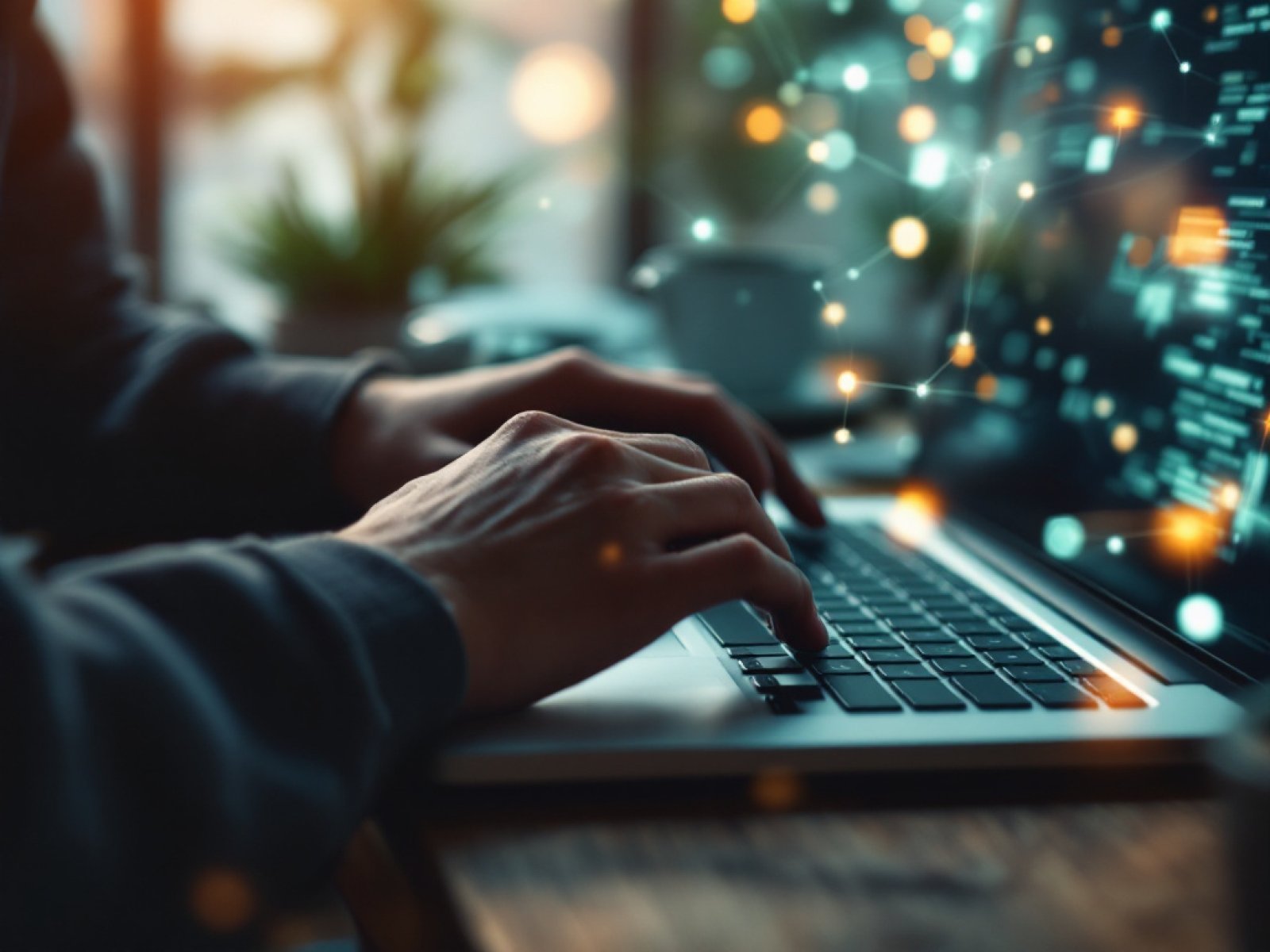 Haende an Laptop mit abstrakten Netzwerk-Knoten